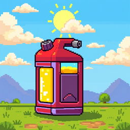 A pixel art style illustration of a fuel canister, designed with vibrant colors and blocky textures typical of retro video games