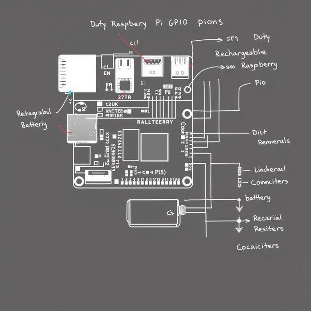 An intricate electronic sketch diagram showcasing the connection layout for a Raspberry Pi