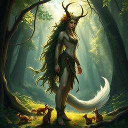 A mysterious and enchanting female druid huldra, standing gracefully in a lush forest