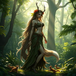 A mysterious and enchanting female druid huldra, standing gracefully in a lush forest