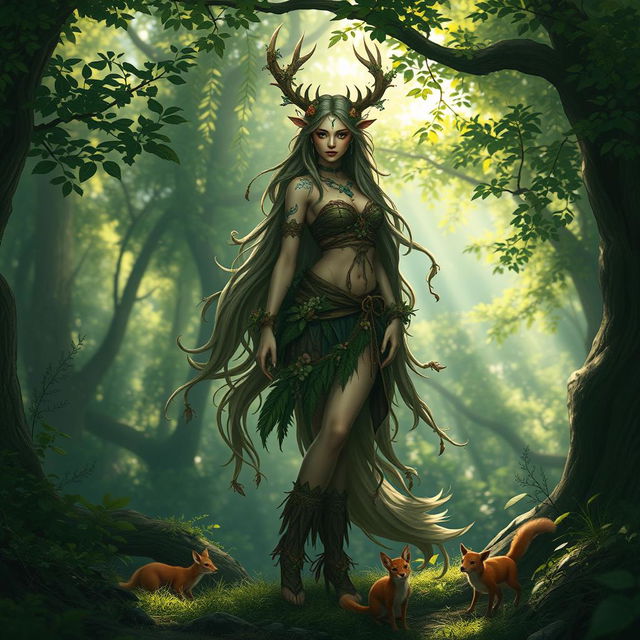 A mysterious and enchanting female druid huldra, standing gracefully in a lush forest