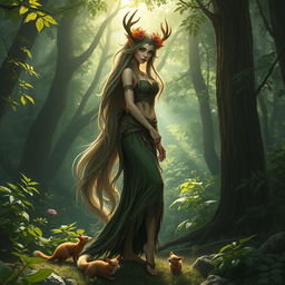 A mysterious and enchanting female druid huldra, standing gracefully in a lush forest