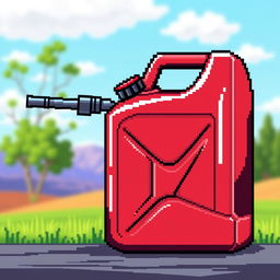 A pixel art illustration of a fuel canister, featuring a classic red and black design typical of fuel containers