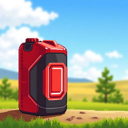 A pixel art illustration of a fuel canister, featuring a classic red and black design typical of fuel containers