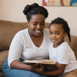 Tituba lovingly caring for white children, engaging in activities like reading, playing, or teaching them, set in a comfortable living space. Her face radiates warmth and kindness.