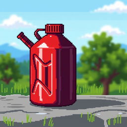 A pixel art illustration of a fuel canister, featuring a classic red and black design typical of fuel containers