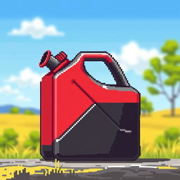 A pixel art illustration of a fuel canister, featuring a classic red and black design typical of fuel containers