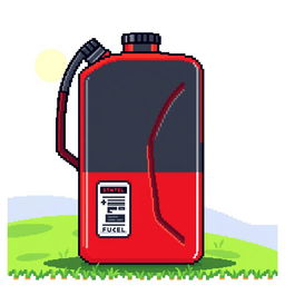 A pixel art illustration of a fuel canister, designed with a classic bright red and black color scheme typical of fuel containers