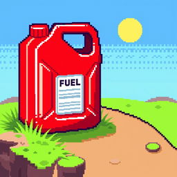 A pixel art illustration of a fuel canister, designed with a classic bright red and black color scheme typical of fuel containers