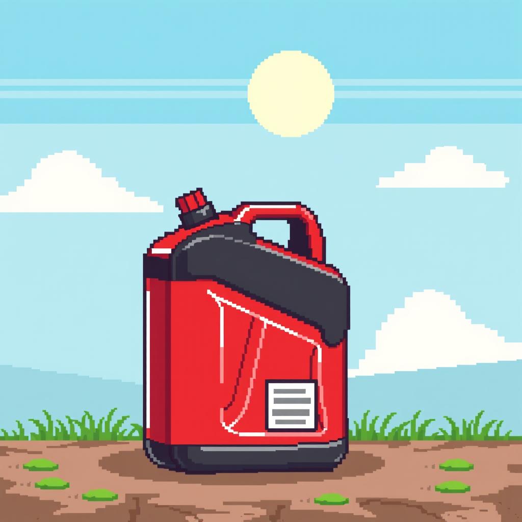 A pixel art illustration of a fuel canister, designed with a classic bright red and black color scheme typical of fuel containers