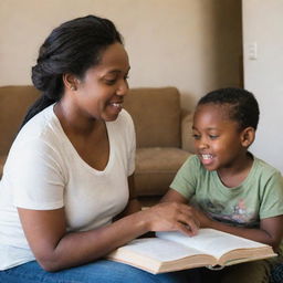 Tituba lovingly caring for white children, engaging in activities like reading, playing, or teaching them, set in a comfortable living space. Her face radiates warmth and kindness.