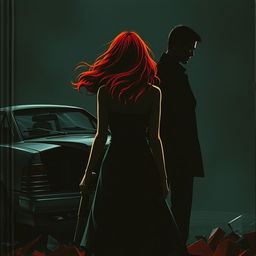 On the cover, a female silhouette stands with her back turned, her wavy red hair gently flowing in the air