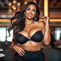 A glamorous and confident woman with voluptuous curves and a striking appearance, dressed in a stylish, figure-hugging outfit that accentuates her ample bosom