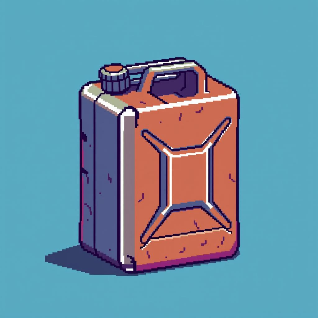 A pixel art style fuel canister, designed with vibrant colors and detailed pixelation