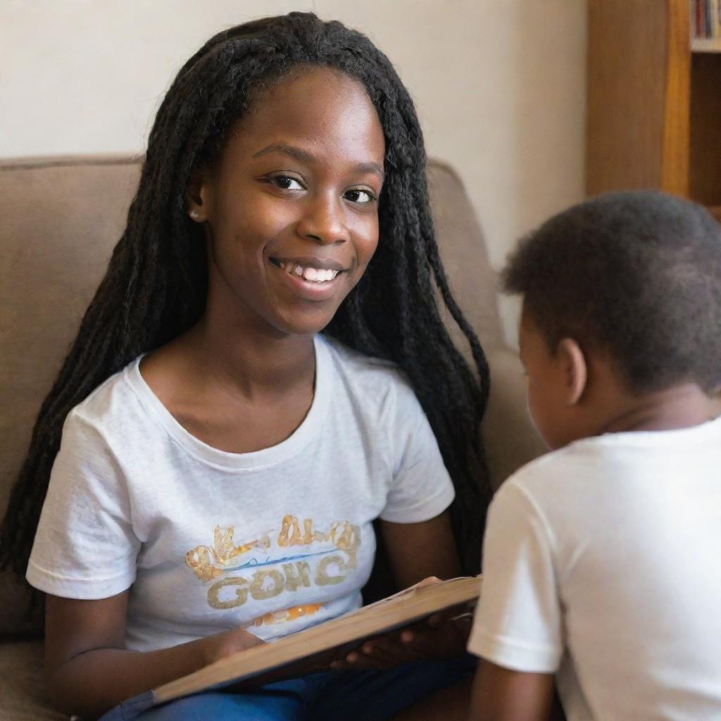 Tituba lovingly caring for white children, engaging in activities like reading, playing, or teaching them, set in a comfortable living space. Her face radiates warmth and kindness.