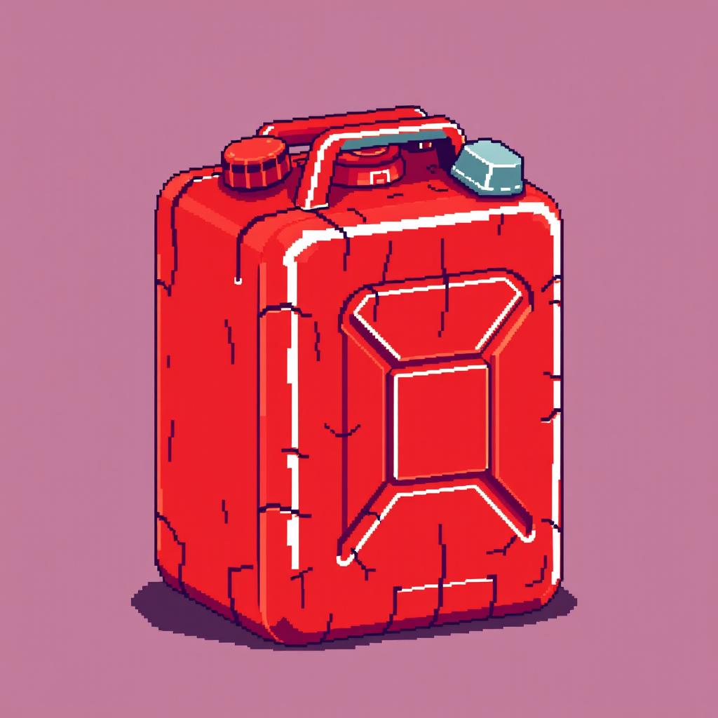 A pixel art style red fuel canister, designed with vibrant colors and detailed pixelation