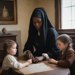 Tituba of Salem with a nurturing demeanor, caring for white children. She's teaching them, playing games or perhaps sharing tales of lore, all in the historical setting of a 17th-century Salem house.