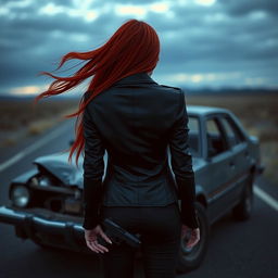 A portrait of Coraline, viewed from the back, standing in front of a wrecked car, her long red hair blowing in the wind