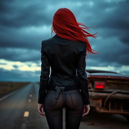 A portrait of Coraline, viewed from the back, standing in front of a wrecked car, her long red hair blowing in the wind