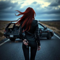 A portrait of Coraline, viewed from the back, standing in front of a wrecked car, her long red hair blowing in the wind