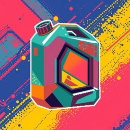 An abstract pixel art fuel canister, designed with a mix of vibrant colors and geometric shapes