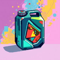 An abstract pixel art fuel canister, designed with a mix of vibrant colors and geometric shapes