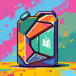 An abstract pixel art fuel canister, designed with a mix of vibrant colors and geometric shapes