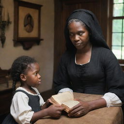 Tituba of Salem with a nurturing demeanor, caring for white children. She's teaching them, playing games or perhaps sharing tales of lore, all in the historical setting of a 17th-century Salem house.