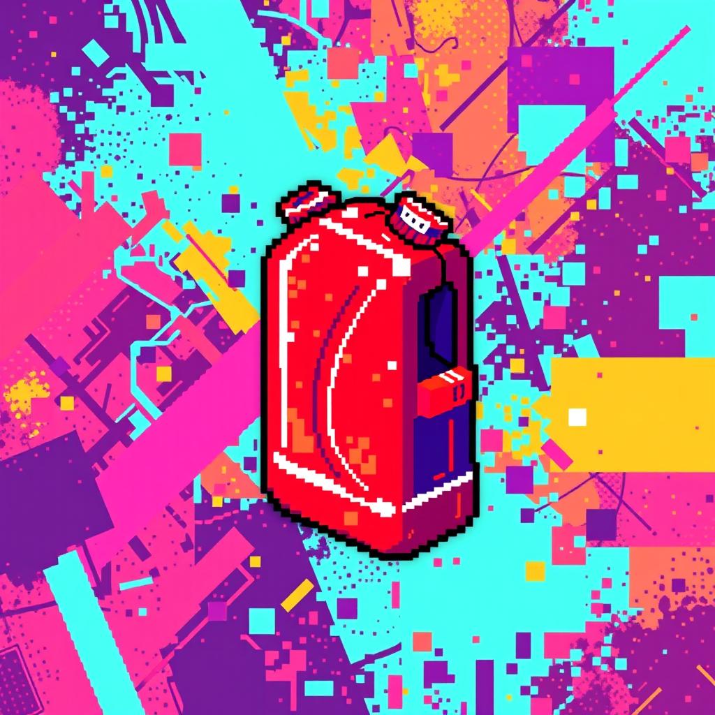 An abstract pixel art style red fuel canister, creatively designed with vibrant pixelated colors and unique geometric shapes