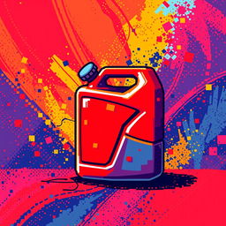 An abstract pixel art style red fuel canister, creatively designed with vibrant pixelated colors and unique geometric shapes