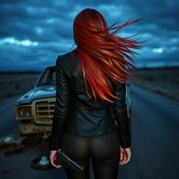 A portrait of Coraline, viewed from the back, standing in front of a wrecked car, her long red hair blowing in the wind