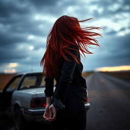 A portrait of Coraline, viewed from the back, standing in front of a wrecked car, her long red hair blowing in the wind