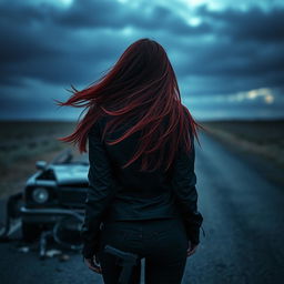 A portrait of Coraline, viewed from the back, standing in front of a wrecked car, her long red hair blowing in the wind