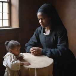 Tituba of Salem with a nurturing demeanor, caring for white children. She's teaching them, playing games or perhaps sharing tales of lore, all in the historical setting of a 17th-century Salem house.