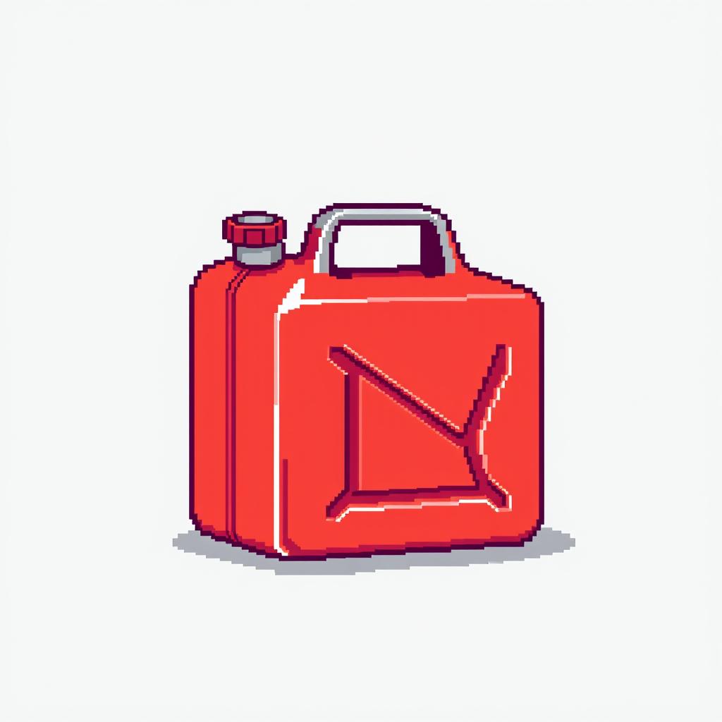 A pixel art representation of a red fuel canister, featuring a classic design with a sturdy rectangular body, a prominent metal handle, and a spout