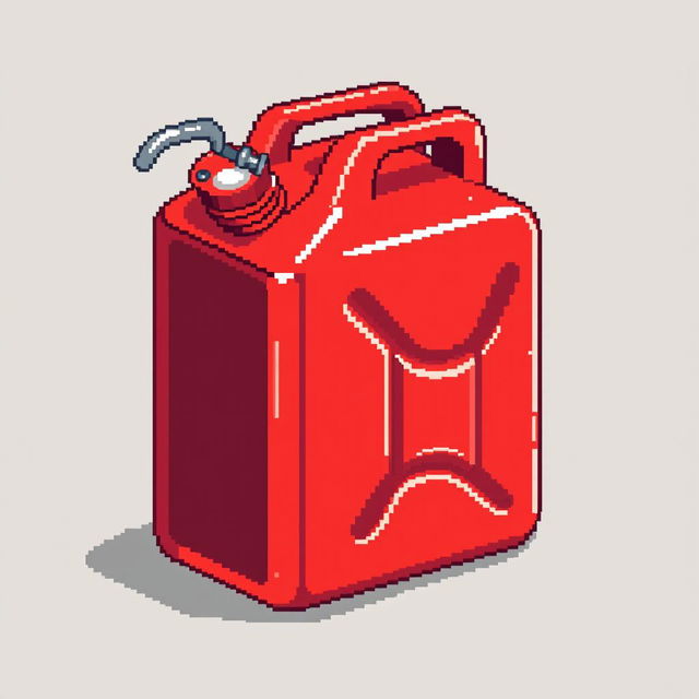 A pixel art representation of a red fuel canister, featuring a classic design with a sturdy rectangular body, a prominent metal handle, and a spout