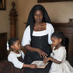 Tituba of Salem with a nurturing demeanor, caring for white children. She's teaching them, playing games or perhaps sharing tales of lore, all in the historical setting of a 17th-century Salem house.