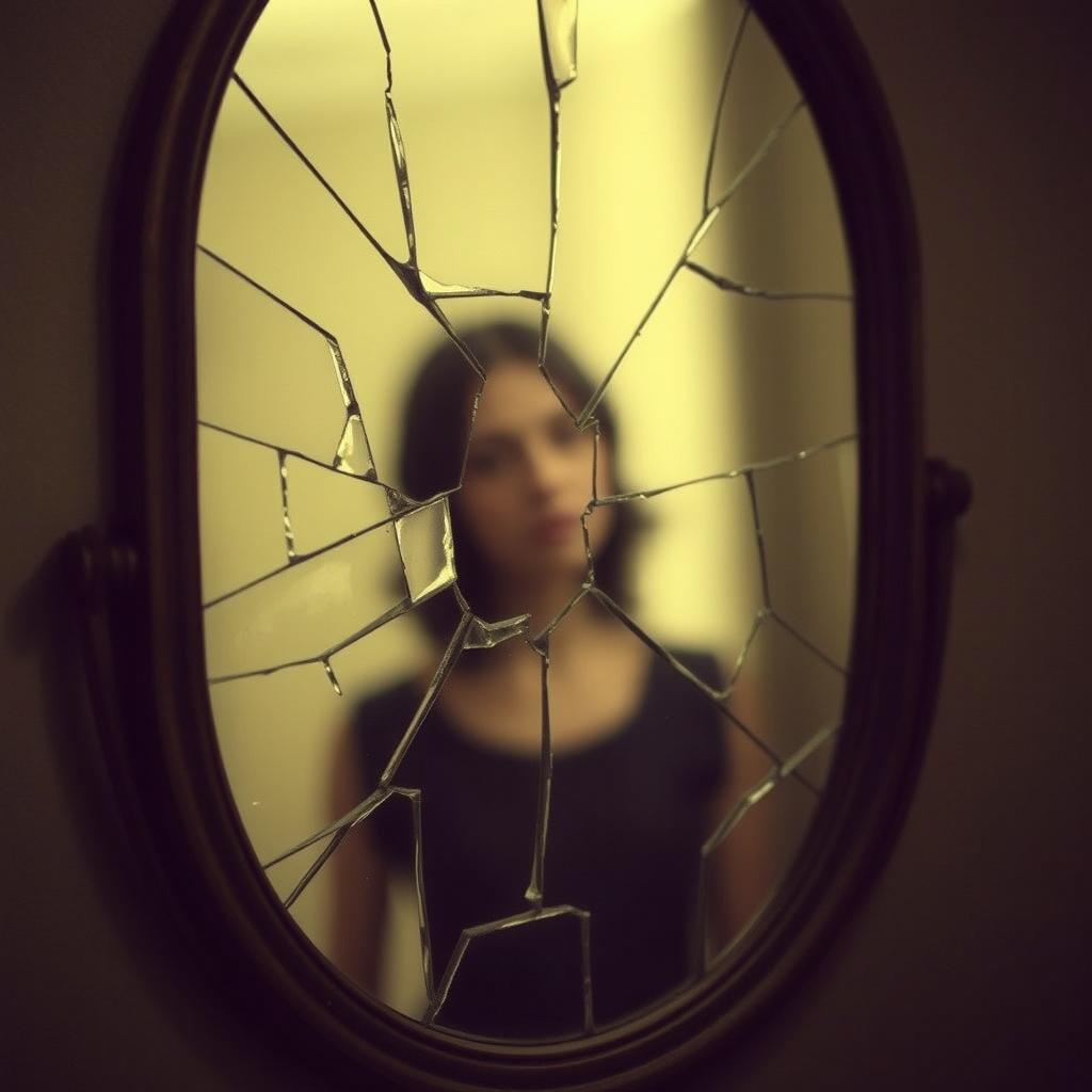 A cracked mirror with missing pieces, and within one of the shards, a blurred and fragmented female face is discernible