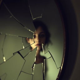 A cracked mirror with missing pieces, and within one of the shards, a blurred and fragmented female face is discernible