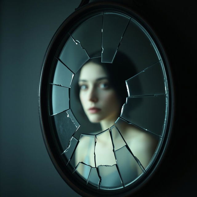 A cracked mirror with missing pieces, and within one of the shards, a blurred and fragmented female face is discernible