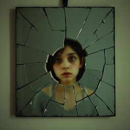 A cracked mirror with missing pieces, and within one of the shards, a blurred and fragmented female face is discernible