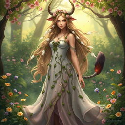 A stunning female Huldra, characterized by her enchanting beauty and ethereal charm, features a magnificent cow-like tail that gracefully flows behind her