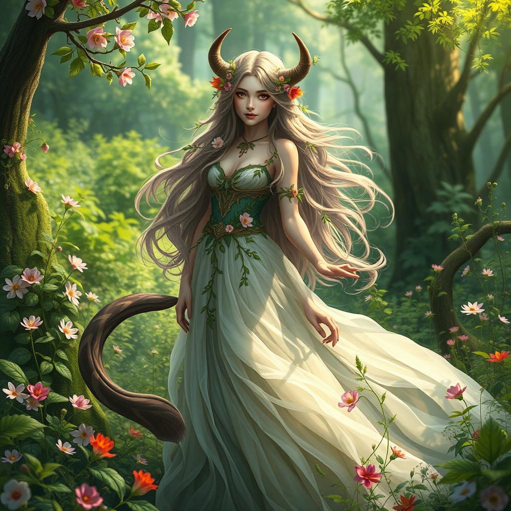 A stunning female Huldra, characterized by her enchanting beauty and ethereal charm, features a magnificent cow-like tail that gracefully flows behind her