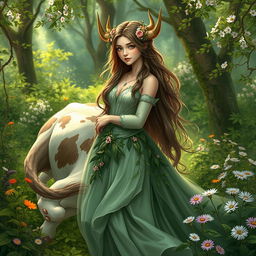 A stunning female Huldra, characterized by her enchanting beauty and ethereal charm, features a magnificent cow-like tail that gracefully flows behind her