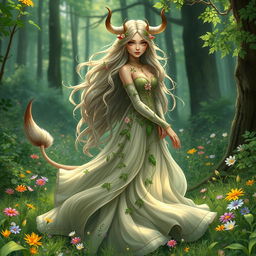 A stunning female Huldra, characterized by her enchanting beauty and ethereal charm, features a magnificent cow-like tail that gracefully flows behind her