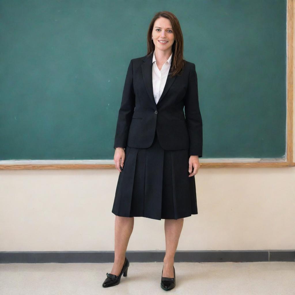 A modern 21st century teacher fully dressed in professional attire, including shoes and uniform. She stands poised, embodying the spirit of contemporary education.