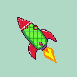 A pixel art depiction of a green rocket with red accents, featuring a streamlined shape and a whimsical design