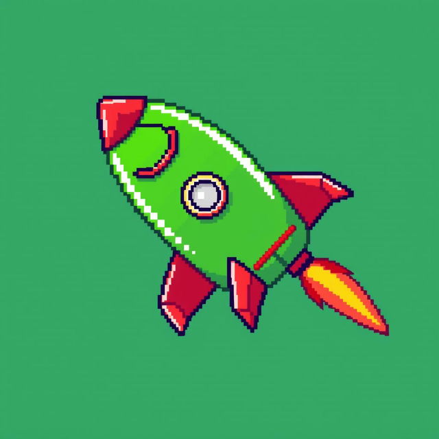 A pixel art depiction of a green rocket with red accents, featuring a streamlined shape and a whimsical design