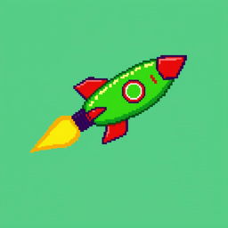 A pixel art depiction of a green rocket with red accents, featuring a streamlined shape and a whimsical design