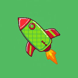 A pixel art depiction of a green rocket with red accents, featuring a streamlined shape and a whimsical design